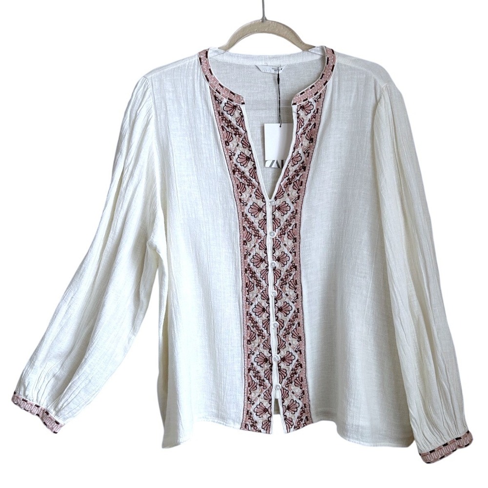 Zara Embroidered Cotton Linen Shirt Fiosa tan Boho Large Gauze Pirate Princess